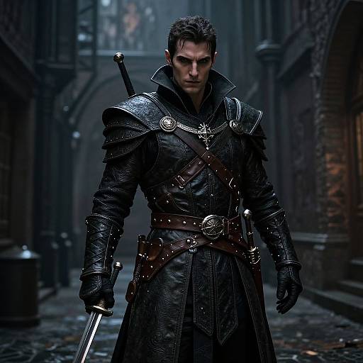 Photorealistic CGI of a stern, armored man with short dark hair, holding a sword in a dim, medieval alleyway. Dark leather armor,