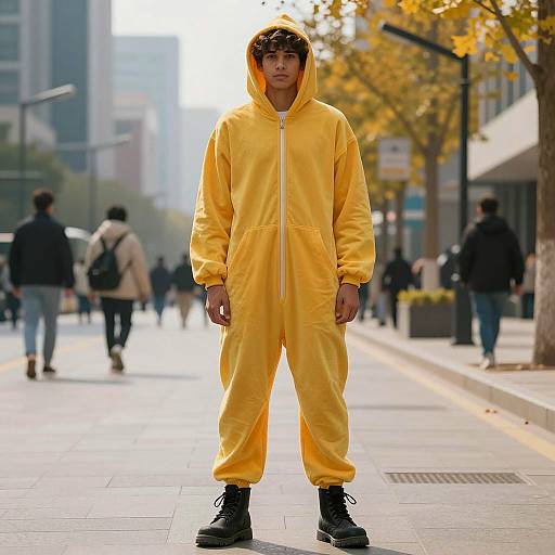 Young Man in Yellow Onesie on City Street
