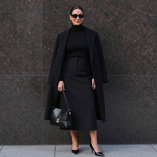 Woman in Black Outfit Against Granite Wall