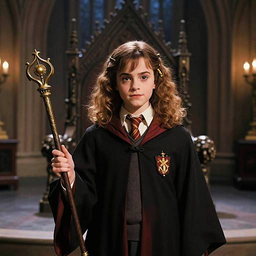 Photograph of a young girl with curly brown hair, wearing a Hogwarts robe, holding a staff, in a dimly-lit gothic cathedral.
