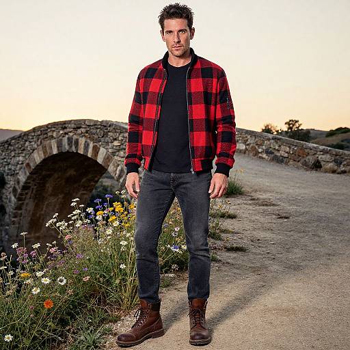 Photograph of a tall, handsome man with short dark hair, wearing a red-black plaid jacket, black shirt, dark jeans, and brown boots