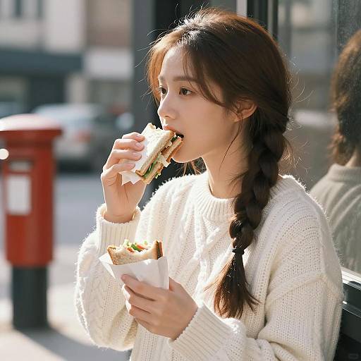 East Asian Woman Eating Sandwich Outdoors
