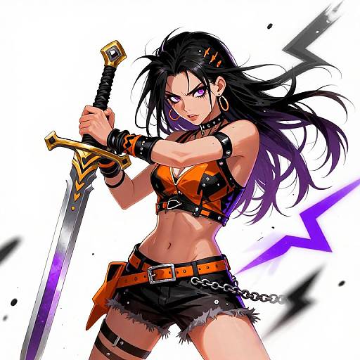 Digital anime-style drawing of a fierce, black-haired woman with purple eyes, holding a large sword, wearing an orange crop top and black shorts, against