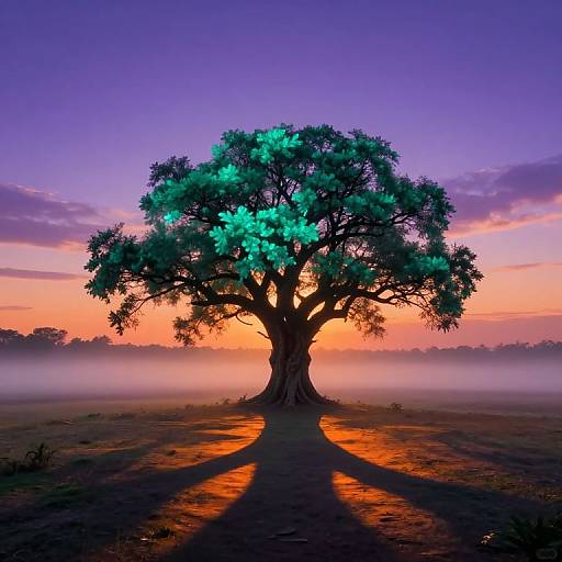 Photograph of a silhouetted tree with glowing turquoise leaves, casting an orange shadow, against a vibrant purple and orange sunset sky with mist.