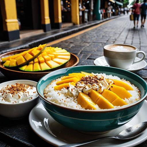 Mango Sticky Rice and Cappuccino on Street Table