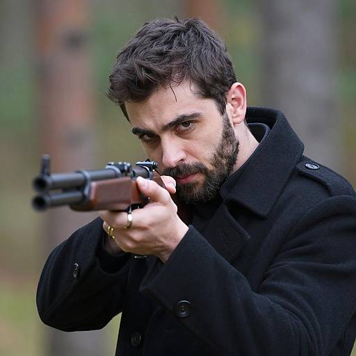 Focused Man with Rifle in Forest