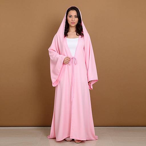 Photograph of a woman with long black hair, wearing a pink hooded robe over a white dress, standing against a plain brown background, with light