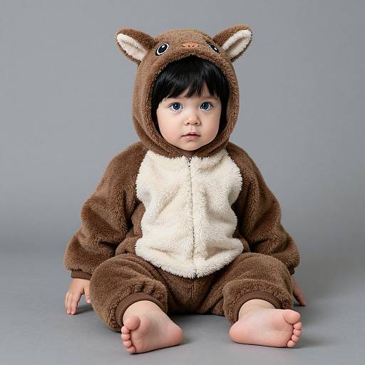 Photograph of a cute baby with fair skin and black hair, wearing a brown and white teddy bear onesie, sitting on grey floor against a