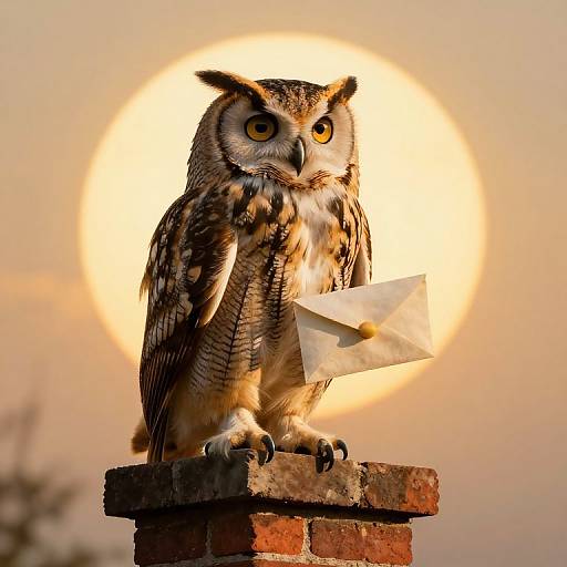 Photograph of an owl with brown and white feathers, holding a white envelope, perched on a brick chimney against a glowing sunset.