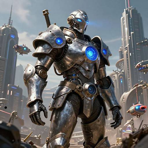 CGI image of a silver, blue-lit, futuristic robotic warrior standing in a bustling, high-tech cityscape with flying drones and towering skyscrap