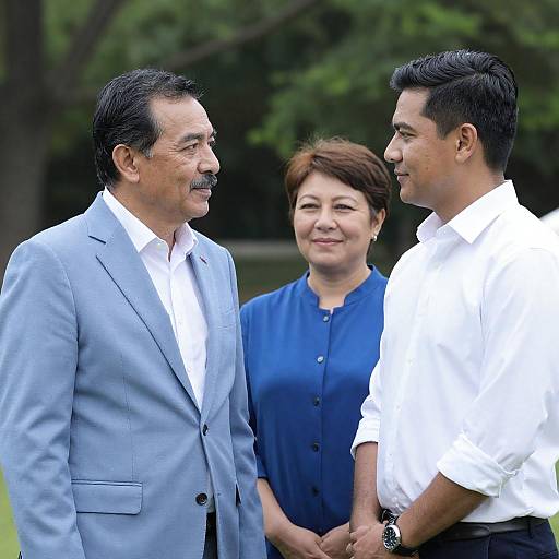 Three Adults Having Conversation Outdoors