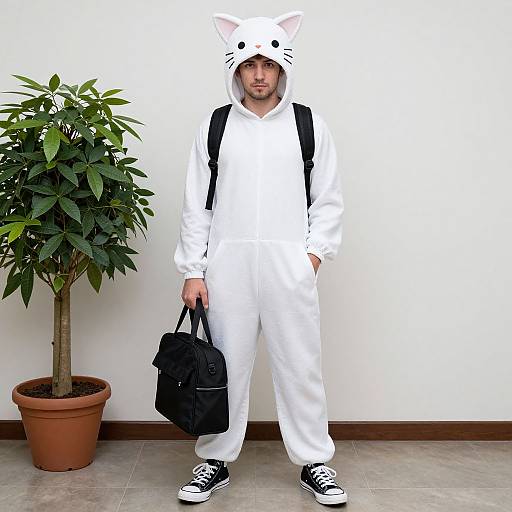 Photograph of a young man in a white cat onesie with black backpack, holding black bag, standing next to potted plant.