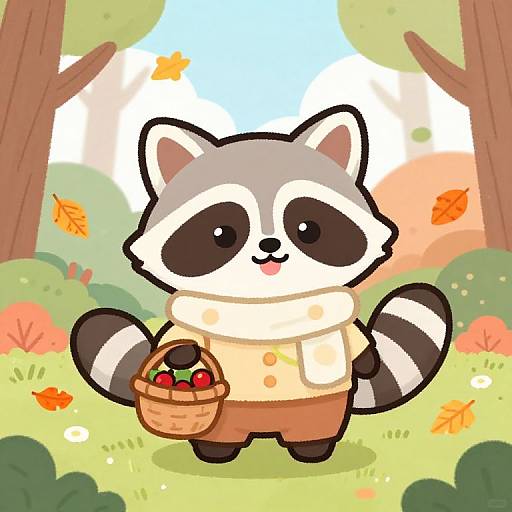 Cute digital cartoon of a raccoon in a beige scarf and brown pants, holding a basket with berries, standing in a colorful autumn forest.