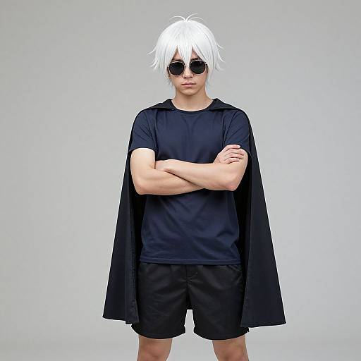 Photograph of a young man with white, spiky hair, wearing black sunglasses, t-shirt, shorts, and black cape, arms crossed, against