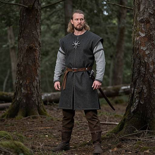Photograph of a bearded man with long brown hair, wearing a medieval black tunic with a white emblem, standing in a dense forest. Forest