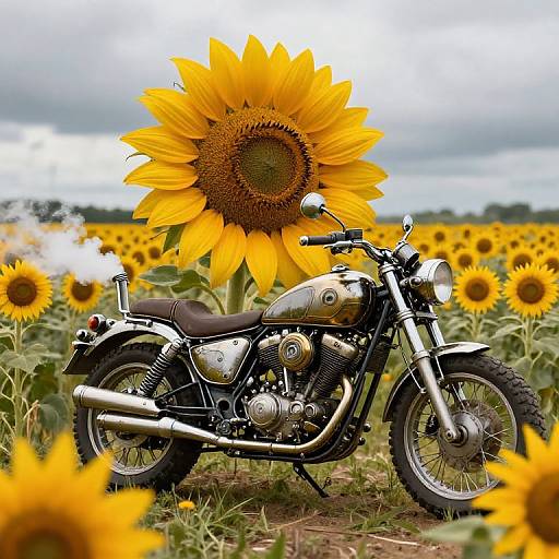 Photograph of a vintage-style motorcycle with chrome accents and a black leather seat, parked in a sunflower field with a large sunflower in the background