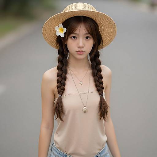 Photograph of an Asian woman with long braids, wearing a straw hat with a yellow flower, beige top, and jeans, standing on a blurred