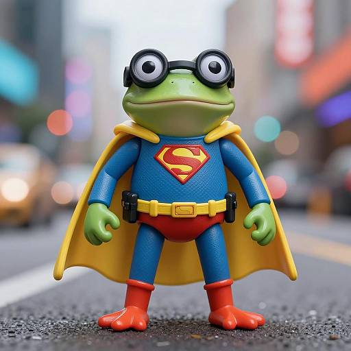 Heroic Frog Figurine in Urban Setting