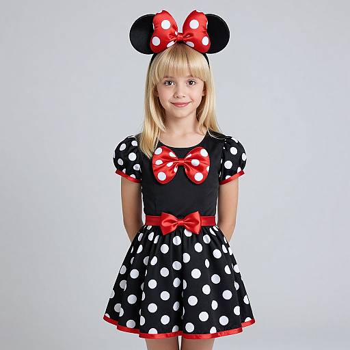 Photograph of a blonde girl in a black polka dot dress with red bows, red trim, and Minnie Mouse headband.