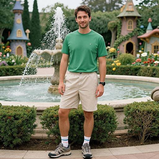 Photograph of a smiling man with short brown hair, green T-shirt, beige shorts, white socks, and gray sneakers, standing in front of a