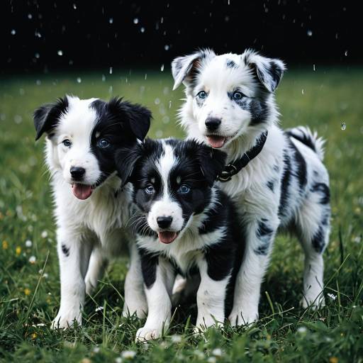 Three Border Collie Puppies Playing in Rain