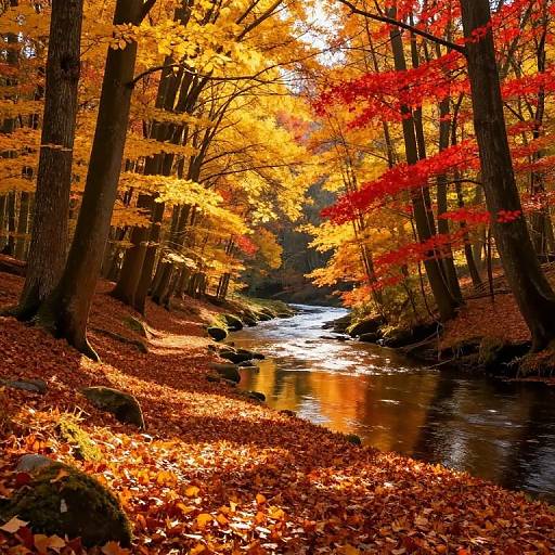 Photograph of a vibrant autumn forest with a reflective stream, surrounded by tall trees with golden yellow and bright red leaves, and a carpet of fallen leaves