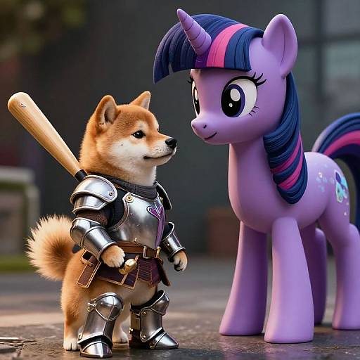 Digital artwork of a cute Shiba Inu in shiny armor holding a bat, standing beside a purple unicorn with a pink-striped mane.