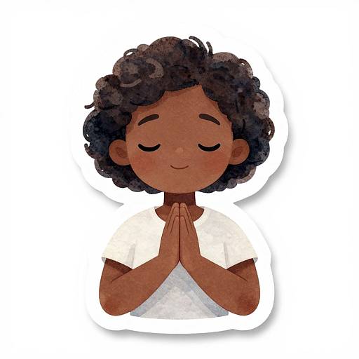 Digital illustration of a dark-skinned, curly-haired child with closed eyes, smiling, and hands in prayer position, wearing a white shirt.