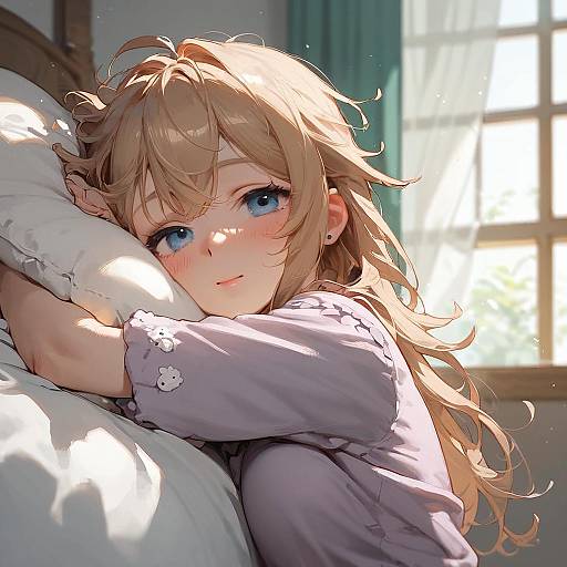 Sleepy Anime Girl in Sunlit Pajamas