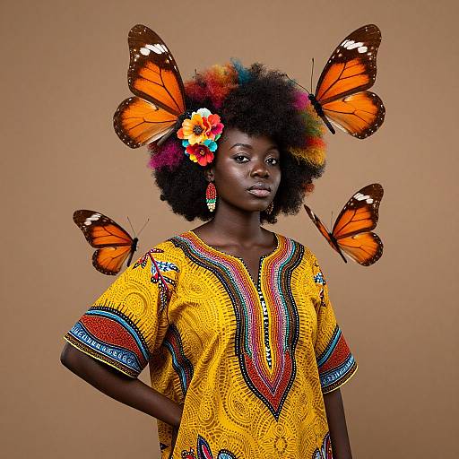 Photograph of a dark-skinned woman with an afro, wearing a vibrant yellow embroidered dress, adorned with large orange butterflies, and a colorful flower