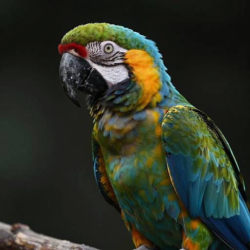 Colorful close-up photograph of a vibrant blue-and-yellow macaw against a dark background, showcasing its striking red facial patch, black beak, and