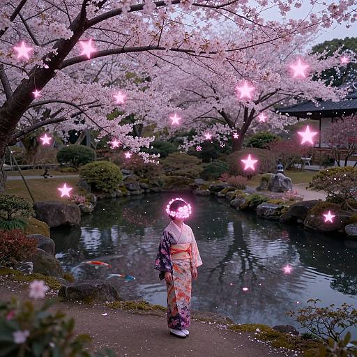 Photograph of a woman in a colorful kimono, standing under cherry blossom tree with glowing pink star-shaped lights, beside a serene pond in a traditional