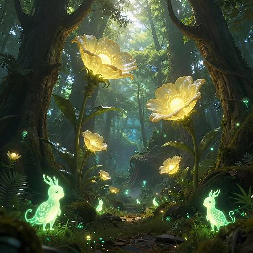 Digital fantasy artwork of a luminous forest with glowing yellow flowers, green fireflies, and ethereal deer-like creatures amidst tall trees.