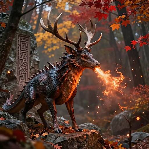 Mythical Dragon with Antlers in Autumn