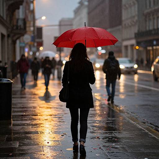 Photograph of a silhouette of a woman with long hair, holding a red umbrella, walking on a wet, reflective city street at dusk, surrounded by