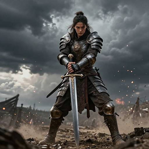 Defiant Warrior on Stormy Battlefield