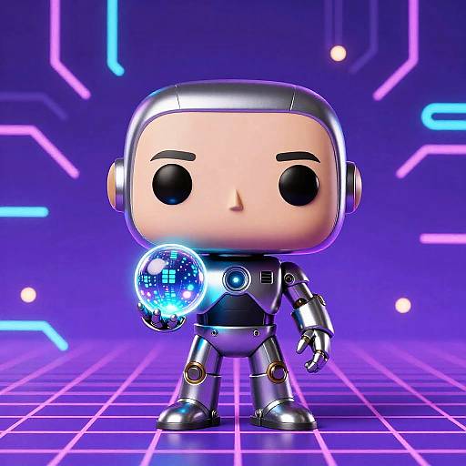 Chibi-style digital drawing of a silver robotic figure with black eyes, holding a glowing blue orb, set against a neon purple grid background.