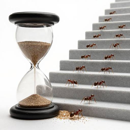 Photograph of a black-topped hourglass with sand, surrounded by white steps with numerous small ants climbing, highlighting time's passage.