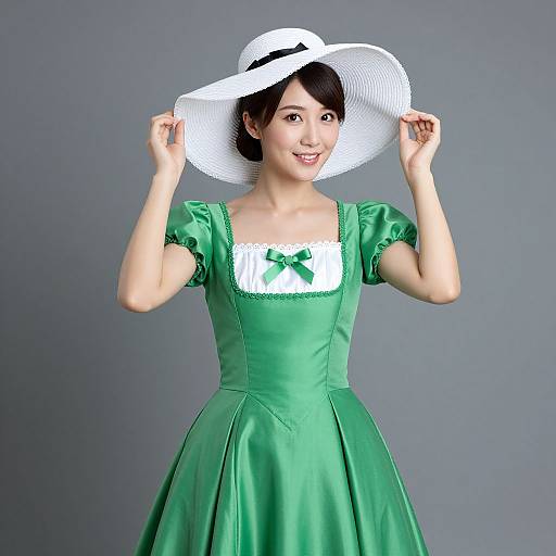 Photograph of an Asian woman with fair skin, black hair, wearing a green dress with puffed sleeves, white bow, and wide-brimmed