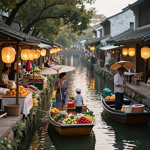 Photograph of a vibrant Asian canal market at dusk, with lantern-lit stalls, boats carrying fruits, a mother, child, and vendor.