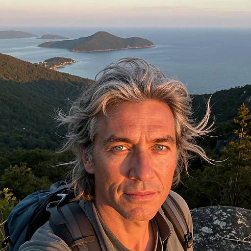 Photograph of a middle-aged man with gray, windswept hair, blue eyes, and a rugged smile, gazing at a coastal mountainous
