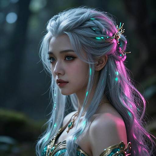 Digital art of a beautiful, fair-skinned, ethereal woman with long, silver-blue hair adorned with glowing neon accents, in a dark, mystical