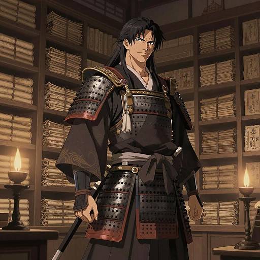 Anime Samurai in Ancient Library