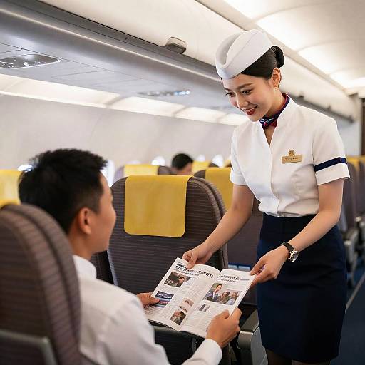 Flight Attendant Offering Magazine to Passenger