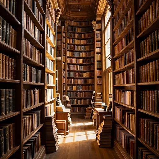 Photograph of a sunlit, wooden library aisle with tall, filled bookshelves on both sides, stacks of books on the floor, and warm