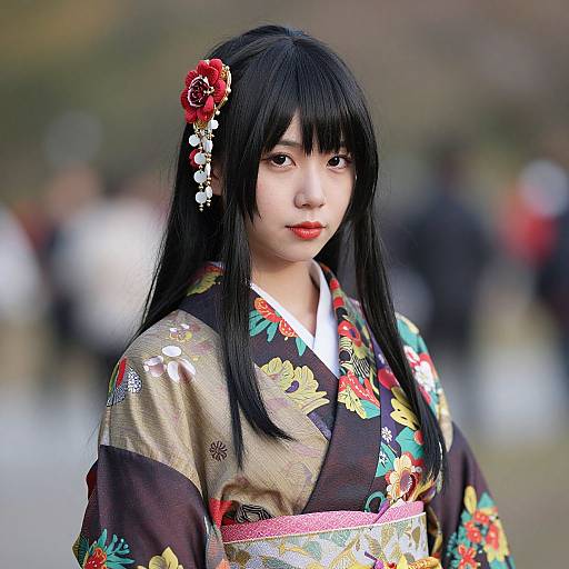 Photograph of an East Asian woman with long black hair, red flower hairpin, wearing a colorful floral kimono, standing outdoors.