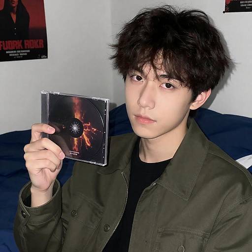 Young Man Holding CD in Bedroom