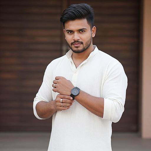 Photograph of a handsome, bearded Indian man with short black hair, wearing a white long-sleeve shirt and black watch, standing against a