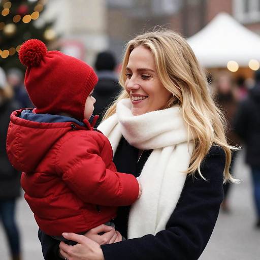Joyful Winter Scene with Mother and Child
