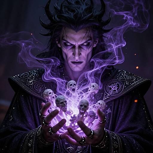 Digital illustration of a dark, brooding male figure with wild hair, glowing purple eyes, and skeletal hands surrounded by swirling purple smoke and skulls, wearing